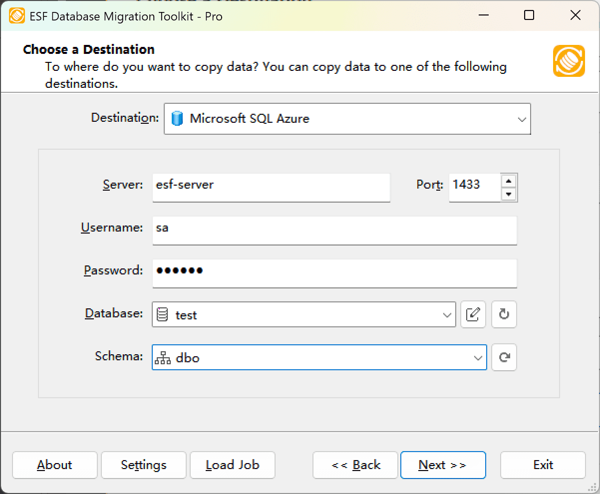 &quot;Choose a Data Destination&quot; dialog showing SQL Azure configuration options