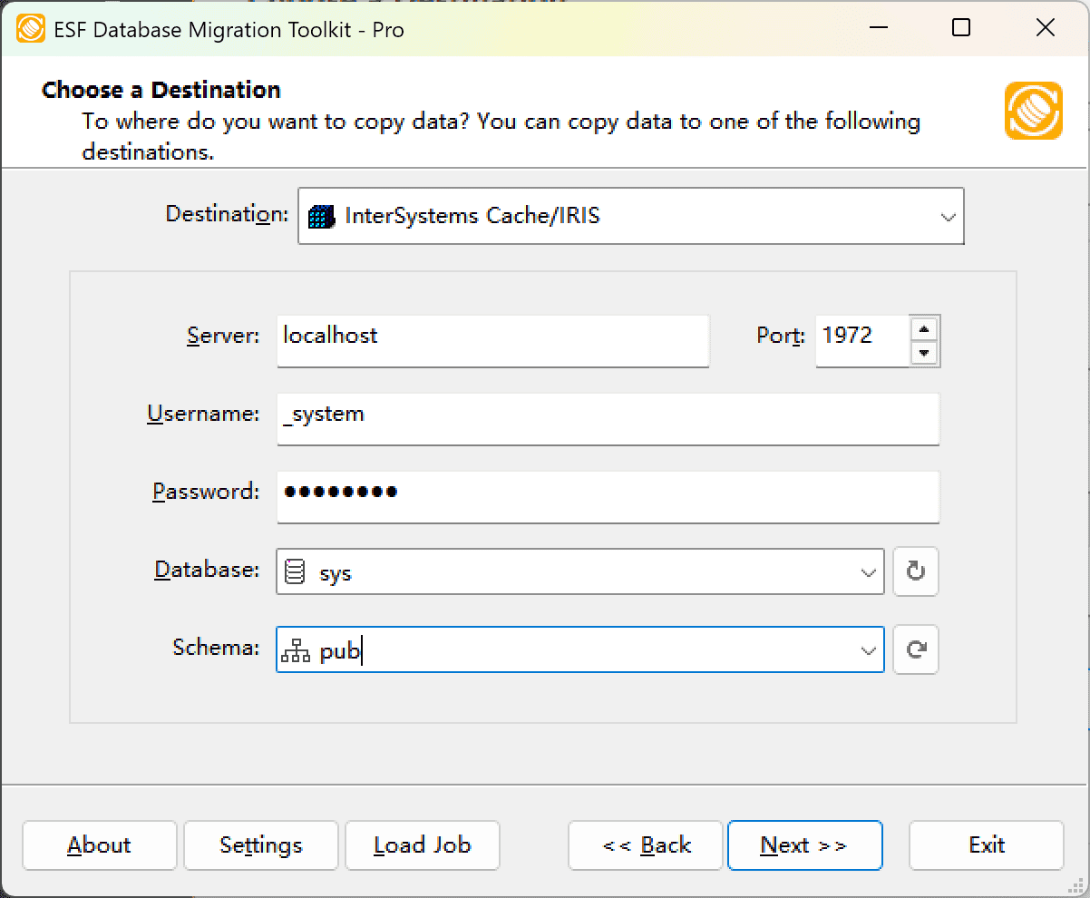 &quot;Choose a Destination"&quot; dialog showing InterSystems Cache configuration with server fields and refresh button