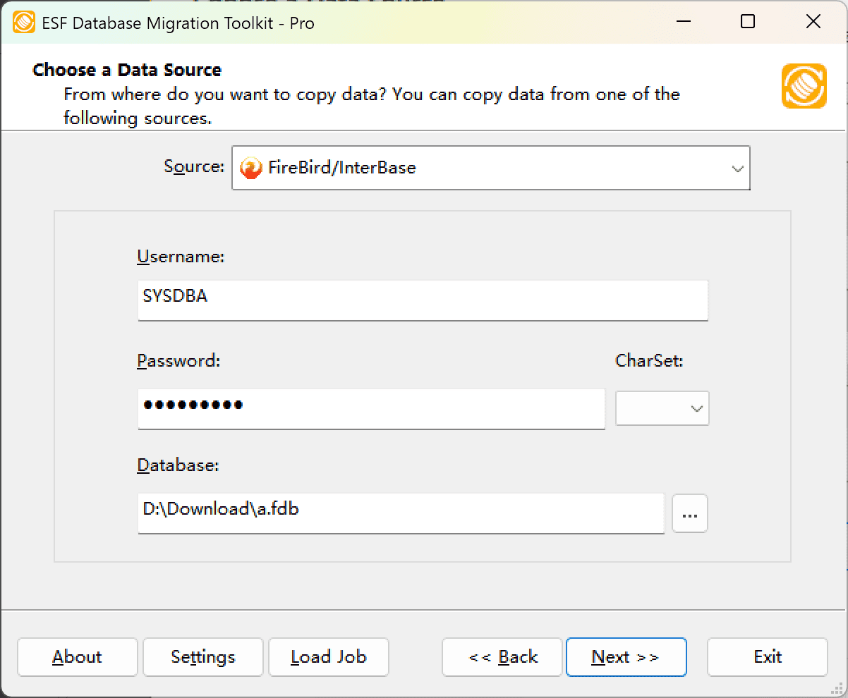 Firebird/InterBase connection configuration dialog showing authentication fields, character set dropdown, and database location controls