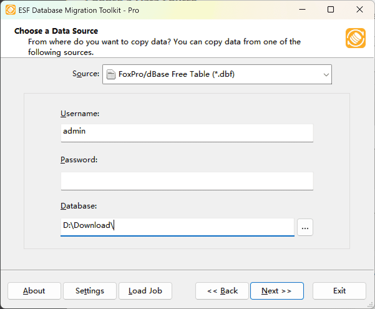 &quot;Choose a Data Source&quot; dialog showing FoxPro/dBase Free Table (*.dbf) option