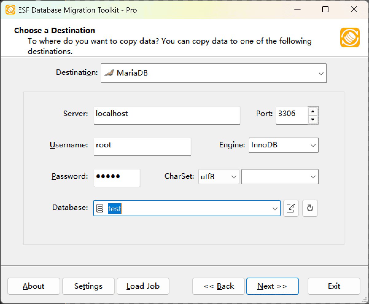 &quot;Choose a Destination&quot; dialog showing MariaDB configuration with server settings, storage engine, and database options