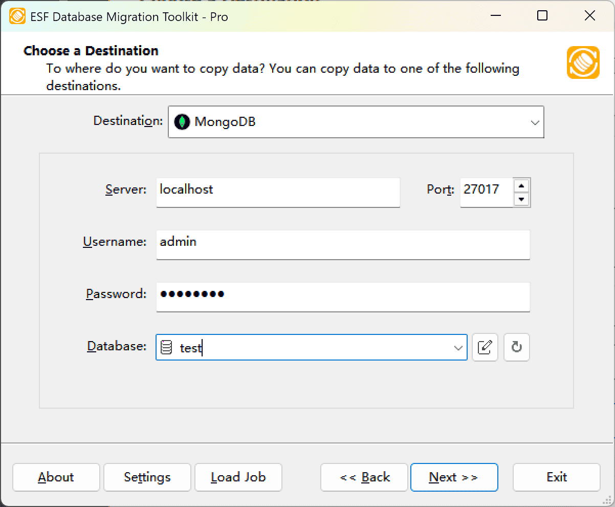 MongoDB connection dialog showing server configuration, database field