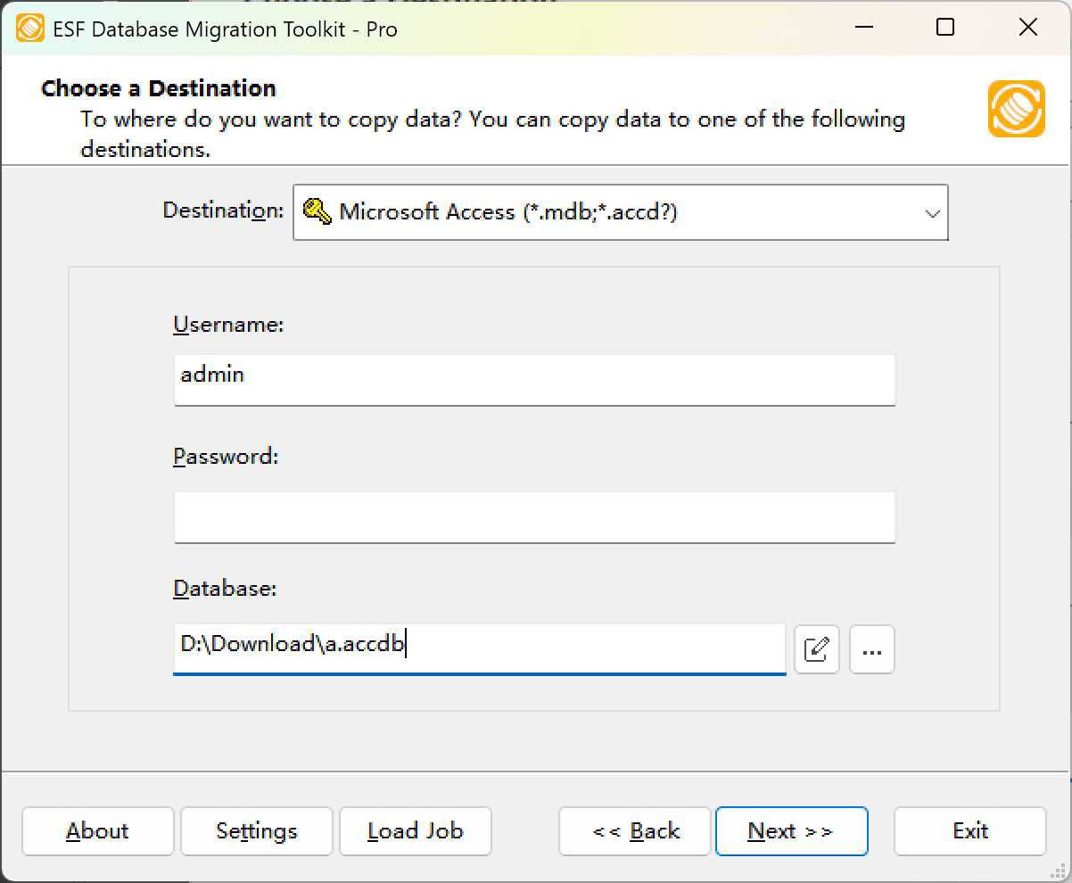 &quot;Choose a Destination&quot; dialog showing Microsoft Access option, file browser, and lock button