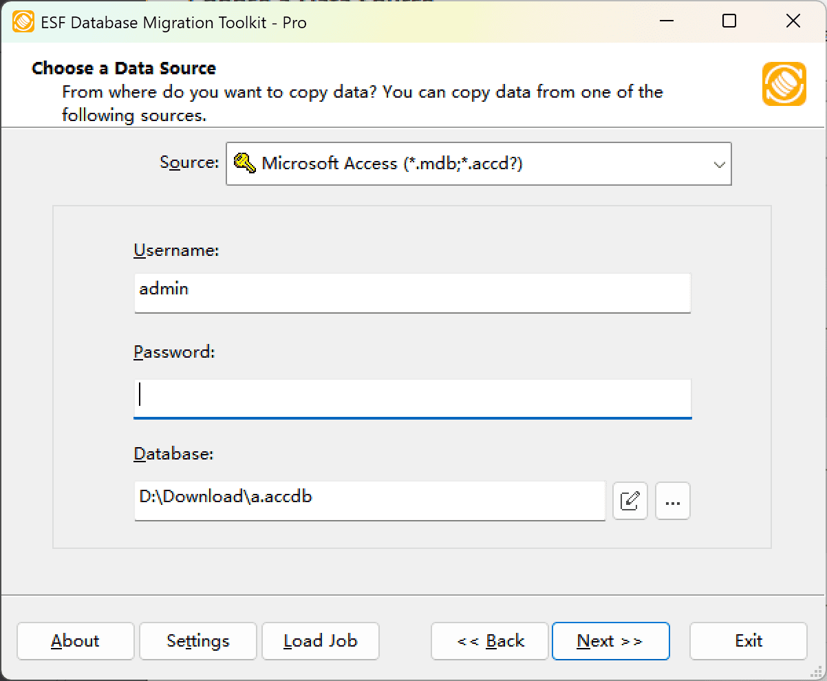 &quot;Choose a Data Source&quot; dialog showing Microsoft Access options and security configuration