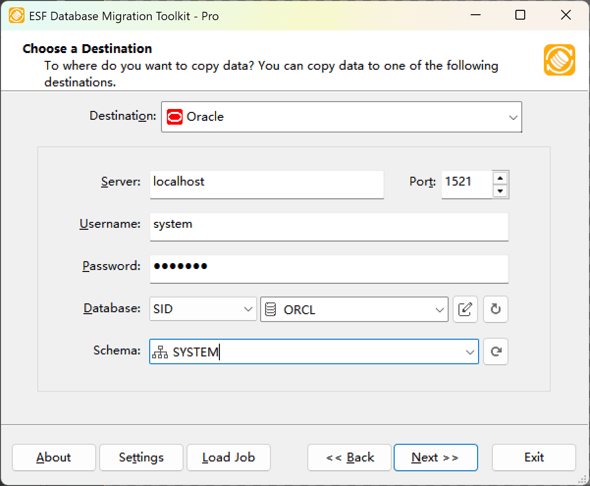 &quot;Choose a Destination&quot; dialog showing Oracle configuration with server details, logon methods, and schema options