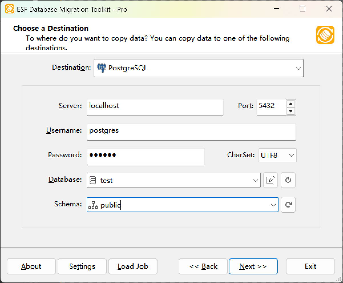 &quot;Choose a Destination&quot; dialog showing PostgreSQL configuration options including server settings, character set selection, and schema controls