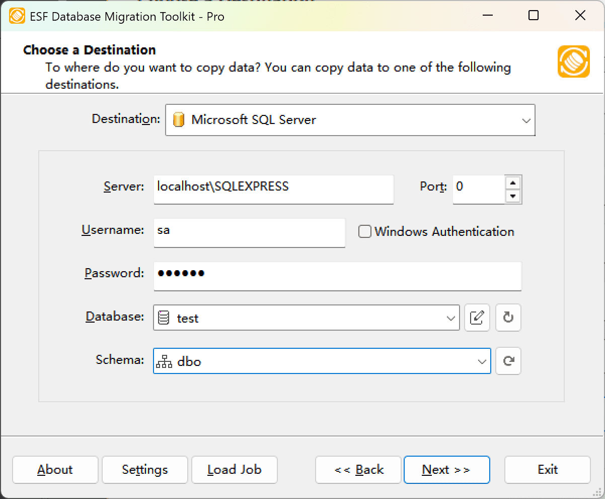 &quot;Choose a Destination&quot; dialog showing Microsoft SQL Server configuration options including hostname, authentication, database and schema settings